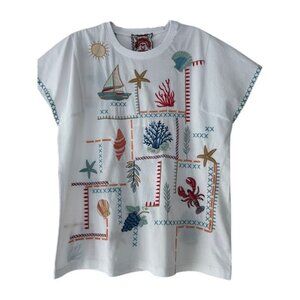 Johnny Was Amalfi Boxy Square Sleeve Tee Shirt Cotton Embroidery White Top M NEW
